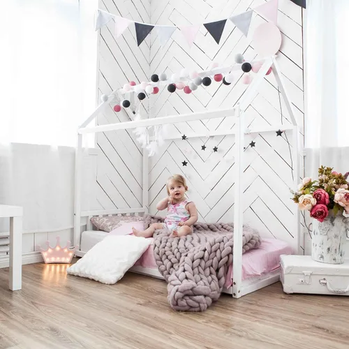 Vista 6 de Cama Montessori para niños pequeños, cama en forma de casa para niños, marco de cama con dosel, cama de piso para niños pequeños, tamaño matrimonial