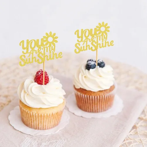 Vista 6 de 24 adornos dorados con purpurina para cupcakes con texto en inglés "You are My Sunshine", para baby shower, baby shower, revelación de género