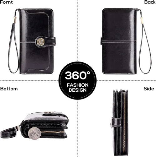 Vista 5 de INSIFEEL Billetera pequeña para mujer, bolso compacto de cuero con bloqueo RFID RFID para mujer, Negro, Retro