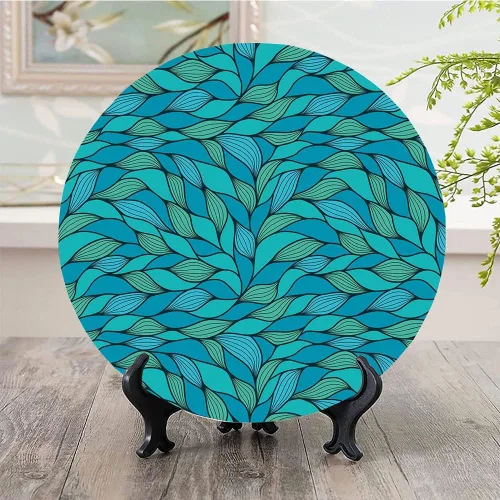 Vista 2 de Placa de exhibición de cerámica, placa decorativa colgante de cerámica verde azulado, diseño abstracto de ondas con motivo oceánico, 6 pulgadas