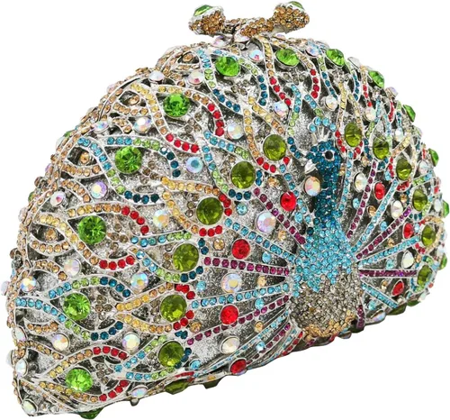 Vista 4 de Boutique De FGG Bolsos de mano con diamantes de imitación de pavo real para mujer, bolsos de noche para bodas, fiestas, bolsa de mano de cristal