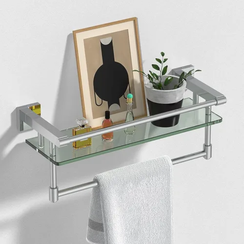 Vista 15 de Estante de vidrio para baño de 20 pulgadas, estantes de baño con barra para toallas, estantes de vidrio templado con soporte para toallas de acero