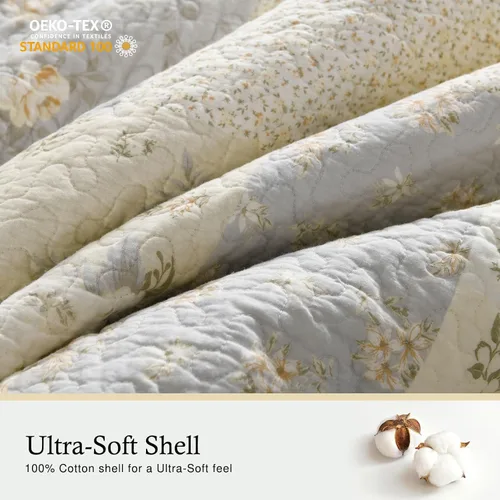 Vista 3 de Colcha extragrande de 100 % algodón, 120 x 120, estampado floral beige