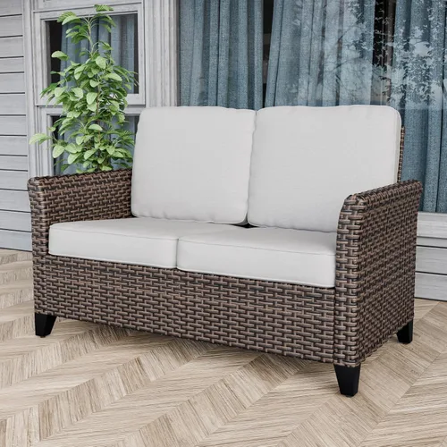 Vista 6 de EAGLE PEAK Ocean Vista - Sofá de mimbre para patio al aire libre, cojines profundos, muebles de ratán resistentes a la intemperie, sofá biplaza