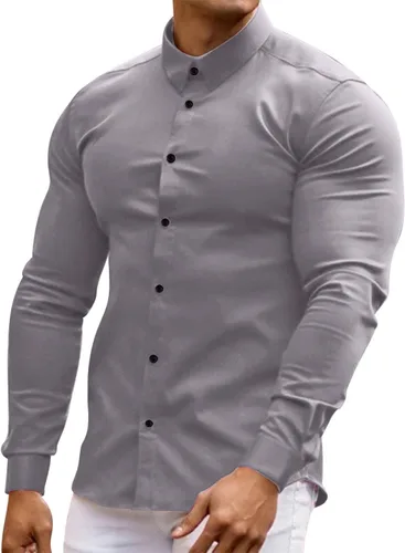 Vista 11 de Camisetas para hombre, estilo casual, con botones, de manga larga, color sólido, para vestir muscular, a la moda, para el trabajo, fitness, ropa