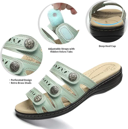 Vista 4 de Sandalias de cuero cómodas para mujer, ligeras, planas, bonitas, sin cordones, informales, para caminar