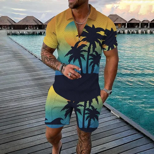 Vista 2 de Conjunto deportivo de 2 piezas para hombre, camiseta polo y pantalón corto, con cremallera de un cuarto, casual, elegante, grande y alto