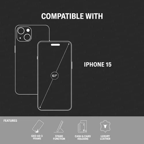 Vista 2 de TORRO Funda de cuero premium compatible con iPhone 15 de 6.1 pulgadas, funda de piel auténtica tipo cartera con función atril y ranuras