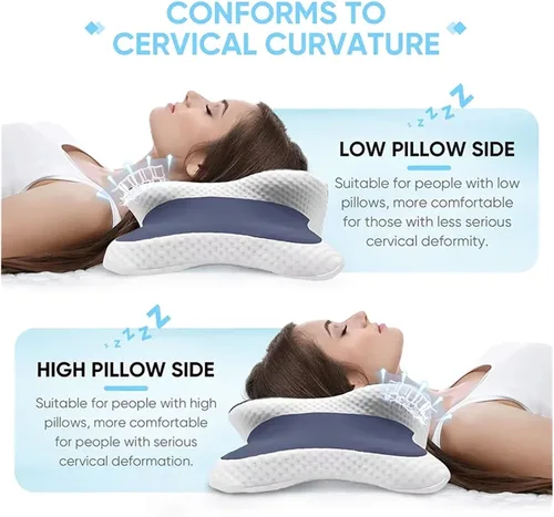 Vista 6 de Almohada de espuma viscoelástica – Almohada cervical para aliviar el dolor de cuello, contorno ortopédico ergonómico para el cuello para dormir Azul
