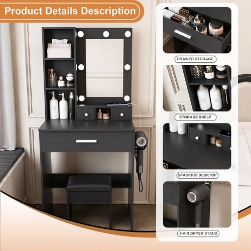 Vista 2 de Pequeño juego de tocador de maquillaje con espejo, tocador de maquillaje compacto con luces LED ajustables y toma de corriente, para dormitorios