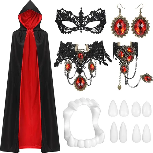 Vista 9 de Ramede Juego de 14 piezas de disfraz de vampiro de Halloween con capucha, máscara, aretes, gargantilla, pulseras de tatuaje, colmillos de cicatriz