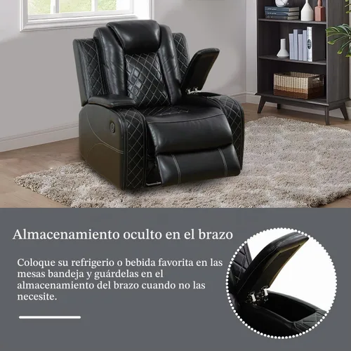 Vista 5 de Juego de sofá reclinable eléctrico con LED, juego de sofá de cuero transpirable para sala de estar, juego de sofá reclinable con puerto USB Negro