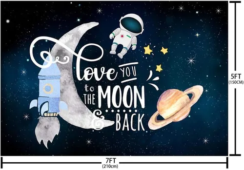 Vista 4 de MEHOFOND Telón de fondo Love You to The Moon and Back, decoración de fiesta de baby shower, espacio exterior, cohete astronauta, pastel