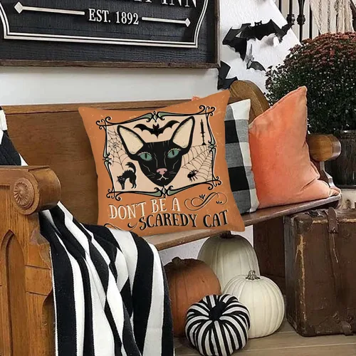 Vista 2 de Fundas de almohada de Halloween de 20 x 20 pulgadas, color naranja y negro, para Halloween, gatos aterradores, telaraña, murciélagos, decoración