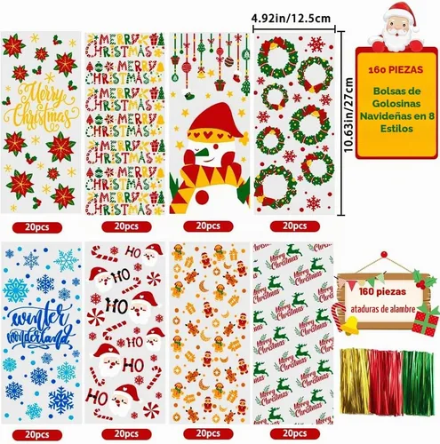 Vista 4 de DULEFUN 160 bolsas de celofán de Navidad, 8 estilos, transparentes para dulces, galletas, golosinas, bolsas de celofán con lazos de torsión