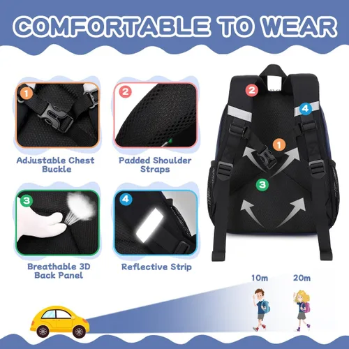 Vista 5 de BEEXS Mochila para niños pequeños, mochila preescolar para niños y niñas, mochila pequeña para jardín de infantes para 1-3 años, azul, azul marino