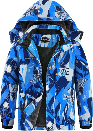 Vista 14 de Chaquetas de esquí para niños, impermeable, abrigo de invierno con forro polar, resistente al viento, chaqueta de snowboard con capucha desmontable