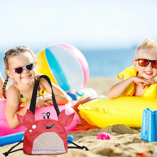 Vista 4 de Bolsa de malla de cangrejo para playa, bolsas de recolección de conchas de playa, juguetes de conchas de playa, correa ajustable para el hombro