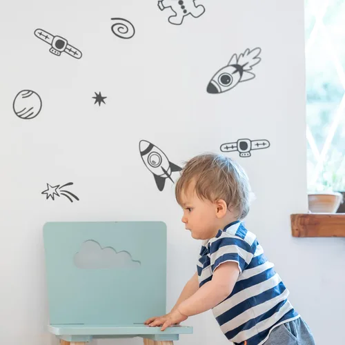 Vista 4 de Calcomanías de pared Space Galaxy para niños, habitación de bebé, cuarto de bebé y sala de estar. 40 piezas calcomanías adhesivas de vinilo