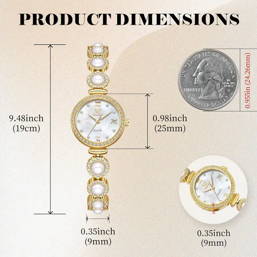 Vista 5 de OLEVS Reloj de pulsera analógico de lujo con cara pequeña para mujer, delicado e impermeable con perlas y diamantes, reloj para mujer con fecha