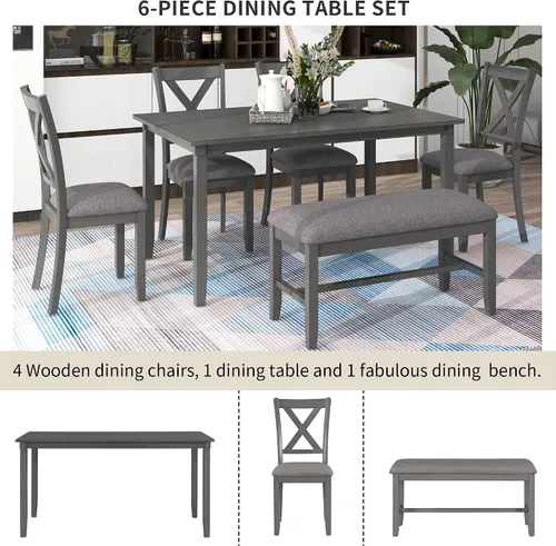 Vista 34 de Juego de mesa de comedor vintage de 6 piezas, juego de mesa de comedor de cocina de madera maciza con 4 sillas ergonómicas acolchadas y banco, mesa