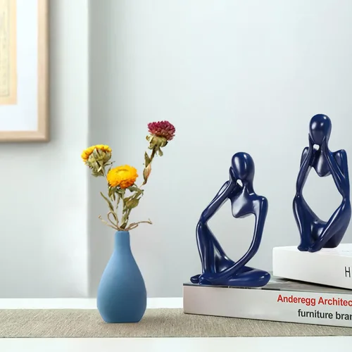 Vista 3 de Decoración de baño azul de 3 piezas pequeñas decoraciones para estantes, estatuas de pensador de resina, esculturas, decoración del hogar