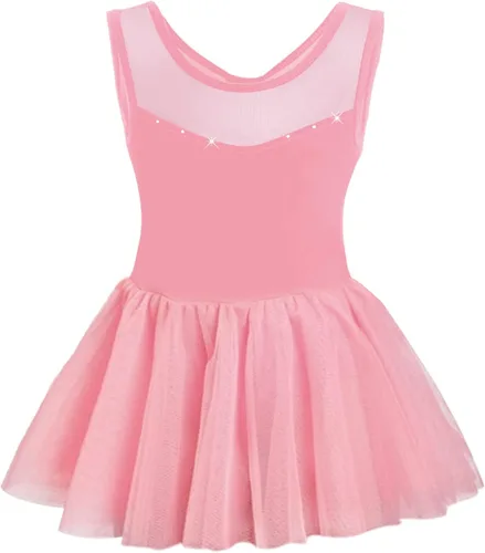 Vista 2 de Phineein Leotardos de ballet de manga corta para niñas, leotardos de baile con espalda hueca con falda