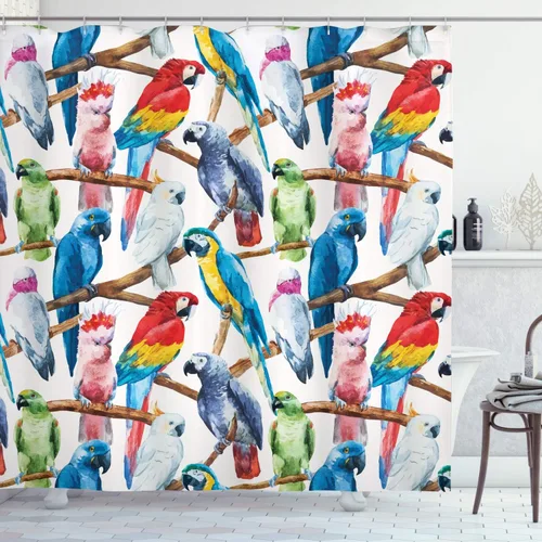Vista 110 de set de cortina para baño decorativa de tela de poliéster con ganchos