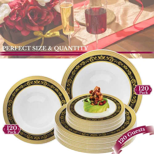 Vista 5 de Elegantes platos de plástico desechables, 240 unidades, 120 platos de cena resistentes, 120 platos de ensalada de postre, color blanco con borde