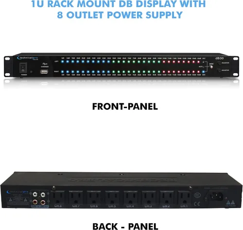 Vista 4 de Technical Pro Pantalla DB de montaje en rack de 1U con protector de sobretensiones de fuente de alimentación de 8 salidas con puertos de carga USB