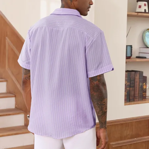Vista 5 de Camisas casuales de lino con botones y manga corta a rayas para hombre