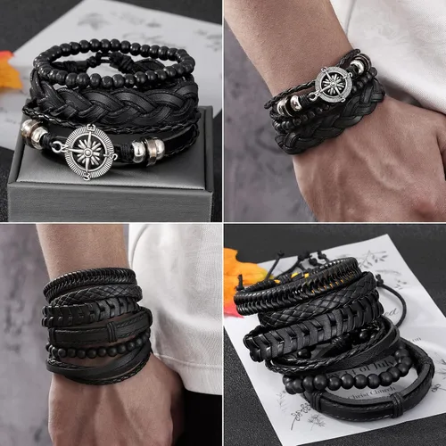 Vista 4 de KISS WIFE Pulsera de cuero para hombre, 4 paquetes de pulseras punk, pulsera trenzada de poliuretano, pulsera de cráneo, esqueleto, rock, emo