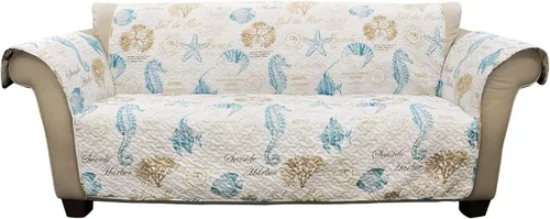 Vista 4 de Lush Decor Harbor Life Protector de muebles, funda de sofá, 116 pulgadas de ancho x 75 pulgadas de largo, azul y gris pardo – Funda acolchada
