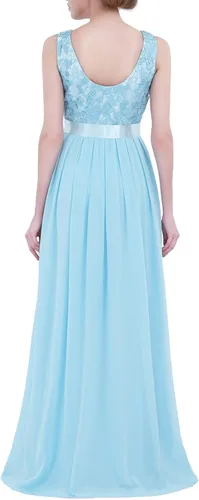 Vista 3 de Yartina Vestido largo de noche de gasa con encaje floral de ganchillo para mujer