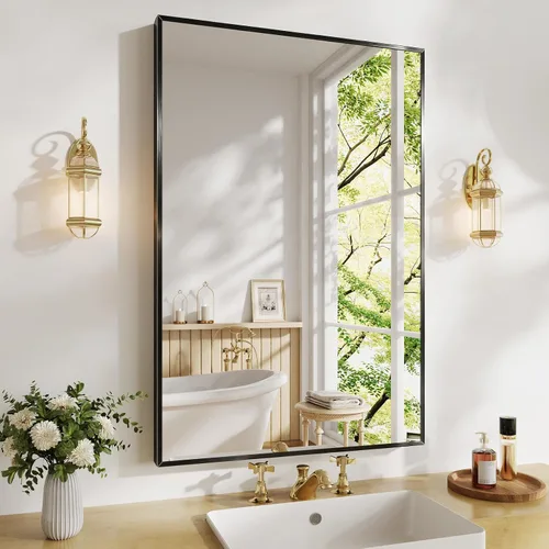 Vista 29 de Koonmi - Espejo de baño de 36x60 pulgadas con marco de metal cepillado negro para montaje en pared sobre el fregadero, vidrio templado HD