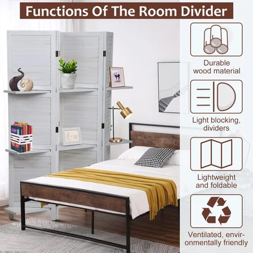 Vista 5 de Divisor de habitación de 5.7 pies de alto, pantalla de privacidad plegable de madera con tres estantes, pantalla de partición portátil para oficina