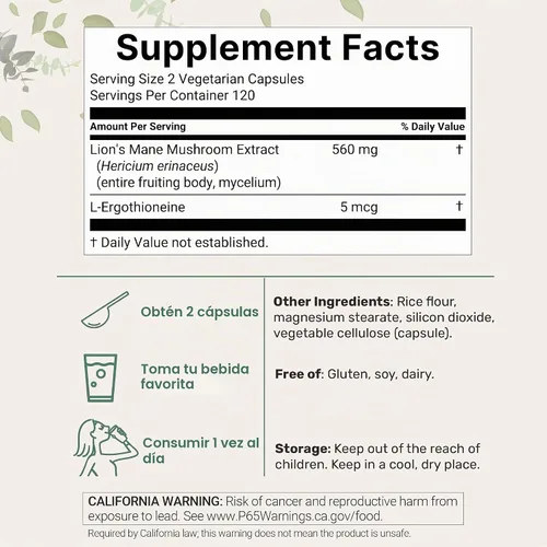 Vista 2 de Micro Ingredients Extracto de hongo melena de león con L-ergotioneína, 240 cápsulas vegetales, suministro para 4 meses Sin OMG
