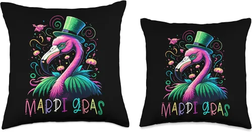 Vista 3 de Pink Flamingo Mardi Gras Funny Carnival Party Almohada de 16 x 16 pulgadas, multicolor