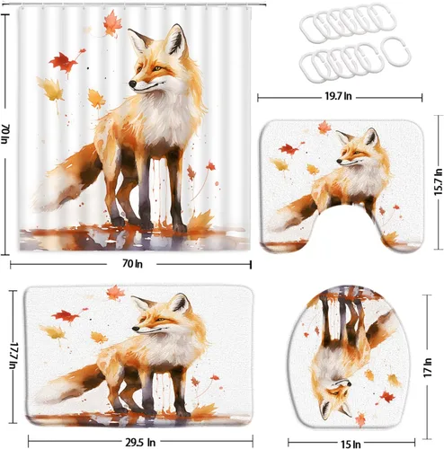 Vista 2 de Juego de 4 cortinas de ducha con diseño de zorro, animales del bosque, de arce, dibujados a mano, garabatos dibujados a mano, estilo pintura al