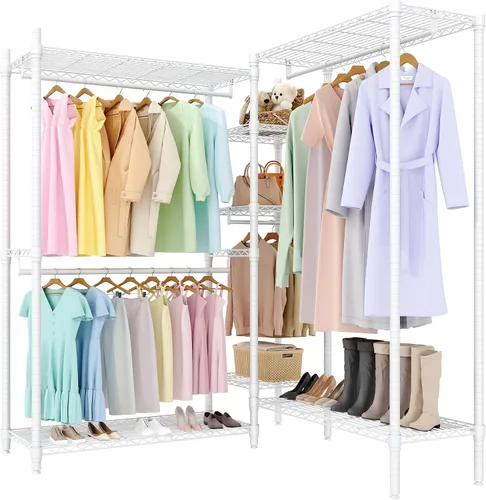 Vista 11 de Perchero de ropa resistente, perchero portátil de metal con estantes ajustables de 3 niveles, estantes de ropa independientes para colgar ropa