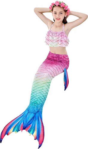 Vista 3 de Colas de sirena para nadar para niñas, 5 piezas, conjunto de traje de baño de bikini de 4 a 13 años