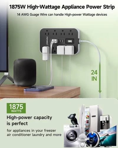Vista 2 de Regleta de alimentación para electrodomésticos: cable de extensión resistente de calibre 14, 24 pulgadas, 8 tomas de CA y 6 puertos USB, estación