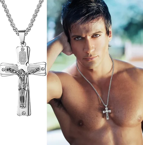 Vista 5 de Collar con colgante de cruz de oración del Señor de acero inoxidable con crucifijo de Jesucristo y versículo bíblico para hombresniñosmujeres