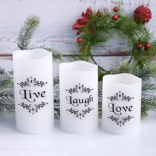 Vista 7 de Velas LED sin llama que cambian de color con control remoto de 18 teclas y temporizador, calcomanías de Live Love Laugh que funcionan