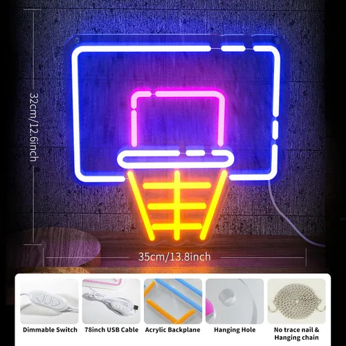 Vista 3 de Letrero de neón de aro de baloncesto para decoración de pared, letrero de luz LED regulable con control de brillo para fanáticos de los deportes