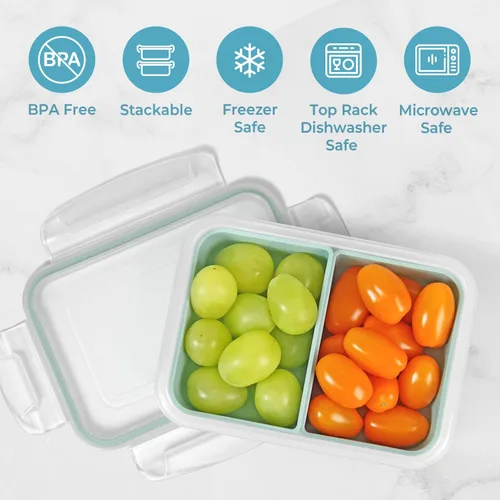 Vista 3 de Recipiente para alimentos con 2 compartimentos, color verde, 2 tazas (16.2 fl oz) Recipientes para aperitivos, compartimentos extraíbles, tapas