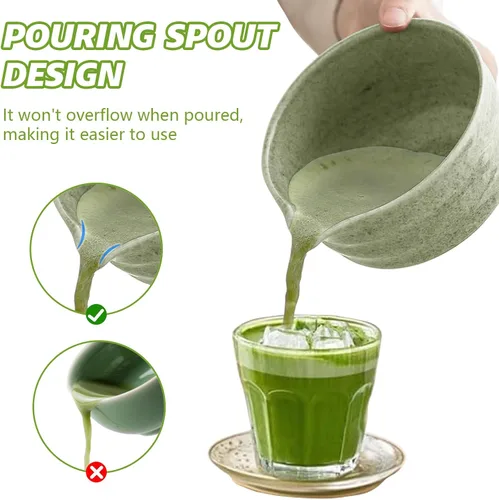 Vista 9 de Juego de batidor de matcha, cuenco de cerámica de 17 onzas con boquilla, cuchara de bambú y tamiz inoxidable, kit de 5 piezas de matcha verde jade