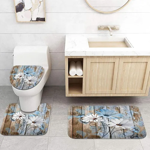 Vista 45 de JAWO Alfombra de baño con flores de granja, dalia en tablones de madera rústica, juego de tapetes de baño con flores azules, en forma de U