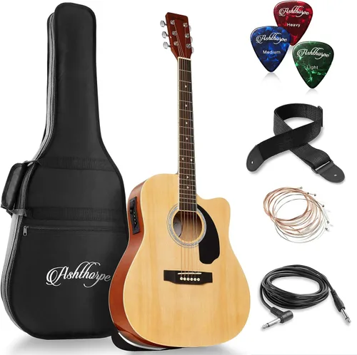 Vista 10 de Ashthorpe Paquete de Guitarra Acústico-Eléctrica Dreadnought Cutaway de Tamaño Completo - Maderas Tonales Premium - Negro