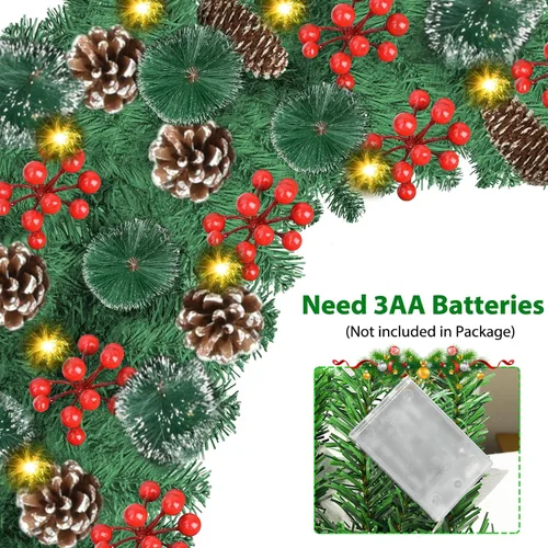 Vista 3 de Guirnalda de Navidad con luces, guirnalda de 30 luces LED de 9 pies, funciona con pilas, decorada con piñas, bayas, pino nevado artificial